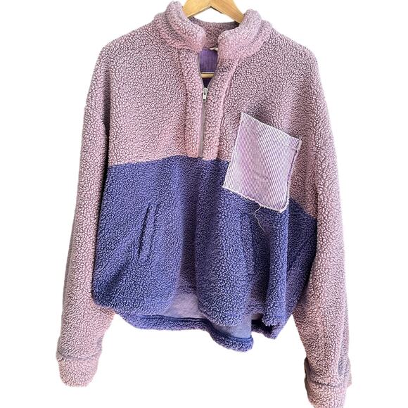 POL | Purple Colorblock Oversized Sherpa Half Zip with Corduroy Pocket | Large - Picture 1 of 5